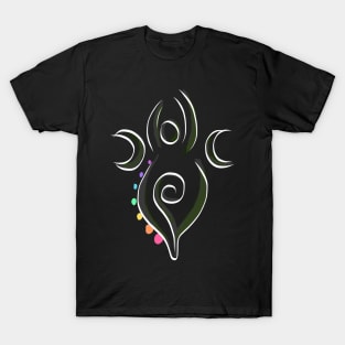 Spiral Goddess T-Shirt Three Symbol Wiccan Pagan and Chakras - green accents T-Shirt